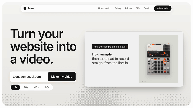 Teasr reading a website and turning its headline, product photo, fonts and colours into a video storyboard